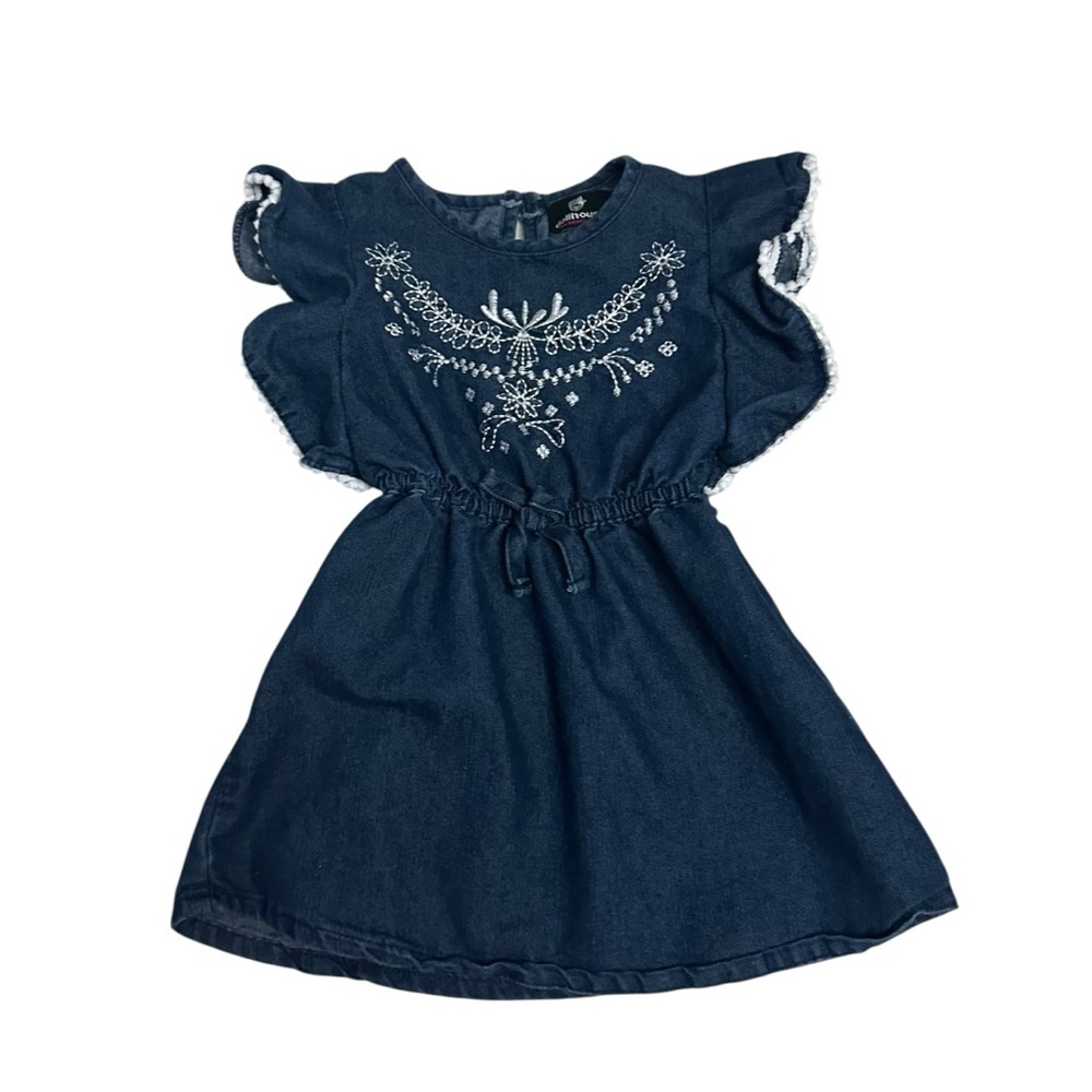 Dollhouse Navy Blue Kids Dress with White Embroidery